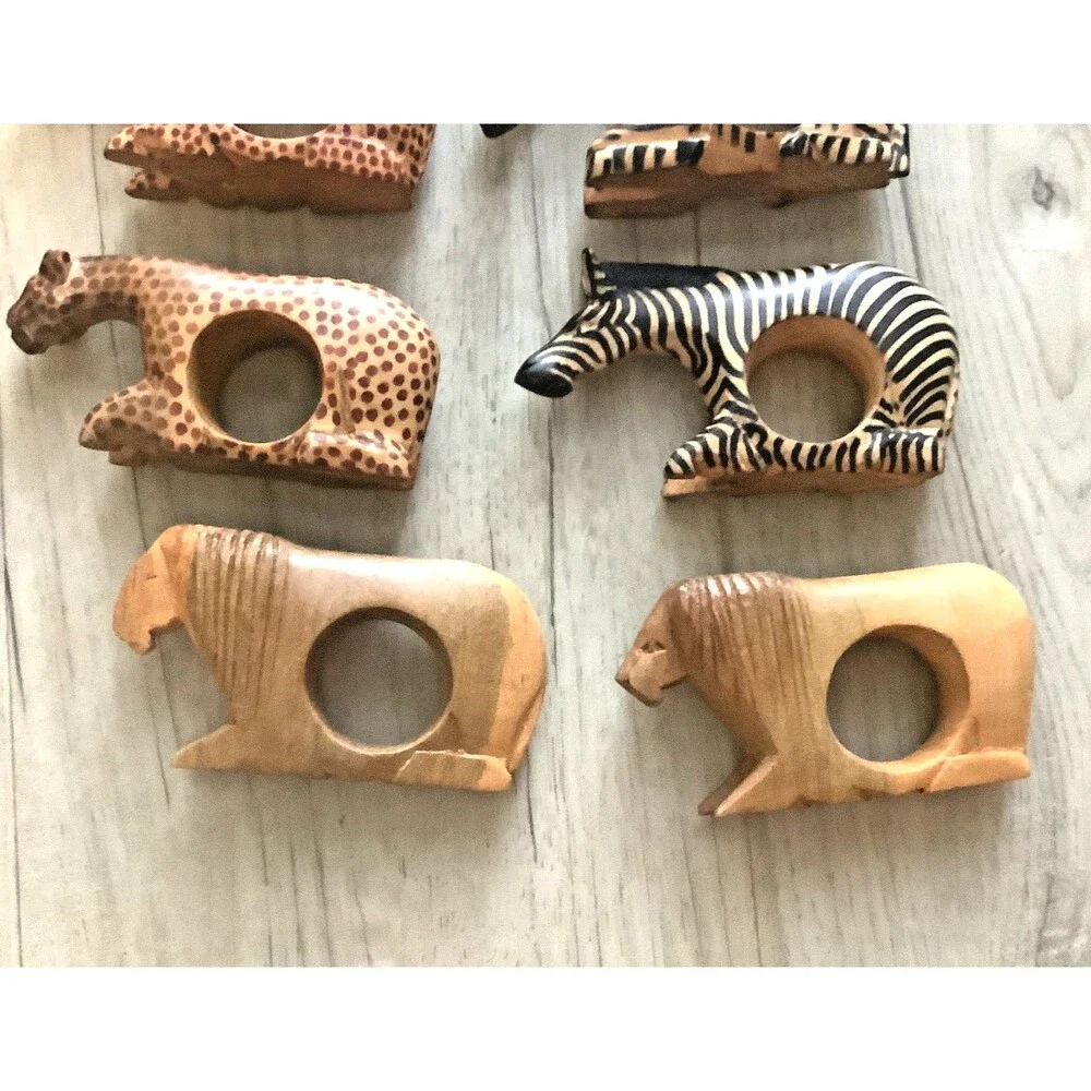 Vintage Napkin Rings Wood Hand Carved African Safari Animals Boho Decor Set of 8